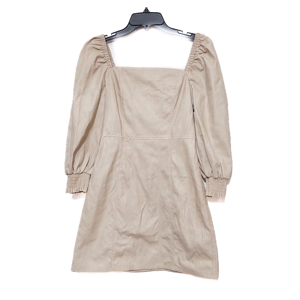 7 For All Mankind Beige Faux Leather Mini Dress Puff Sleeve Square Neck S Club